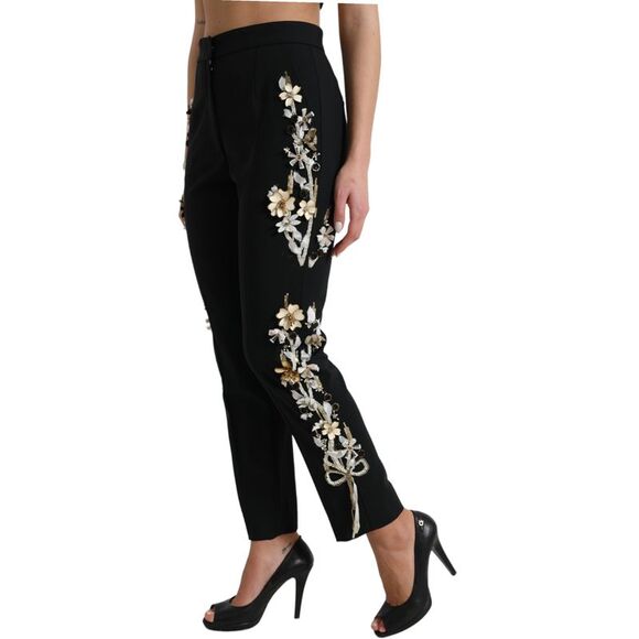 Dolce & Gabbana Black Floral Applique High Waist Tapered Women's Pants